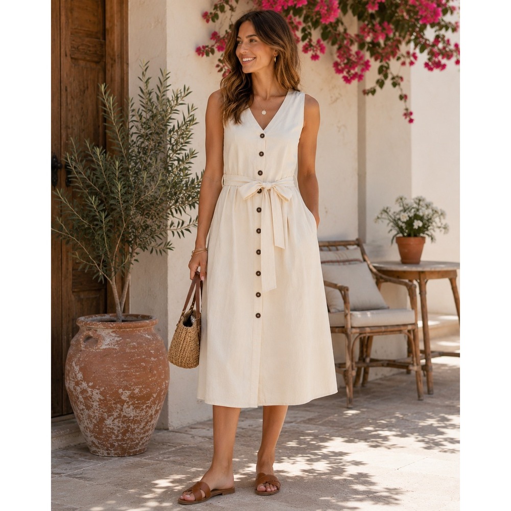 Bob Timberlake Cotton Button Front Tie Waist Midi Dress Ivory NWT Size 4